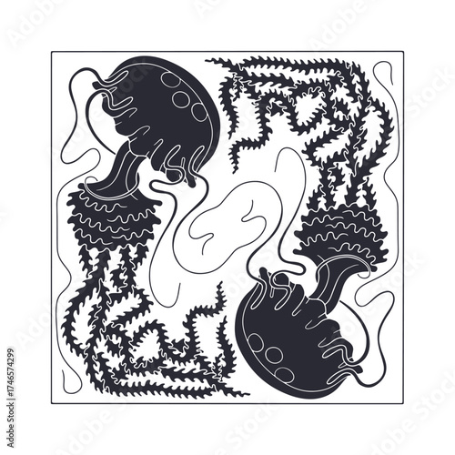 Art nouveau style jellyfish couple swimming in ocean hand drawn black silhouette vector illustration
