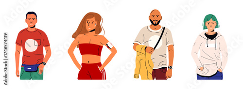 Vector illustration set of diverse people. Group of man and woman character in casual clothes. Modern community, youth lifestyle concept.