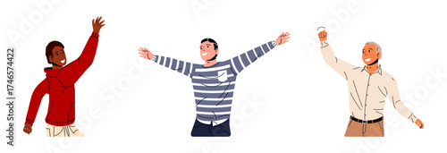 Diverse group of men celebrating with raised arms and happy expressions. People enjoying freedom, success or greeting concept. Flat illustration.