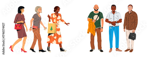 Diverse group of men and women standing and walking, representing a multicultural society. People of different ethnic backgrounds illustration set for social diversity concept.