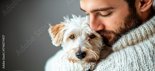 Hombre abrazando su perro, con espacio para texto