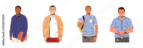 Diverse group of young men in various casual outfits, flat vector character set for modern design or social media concept.