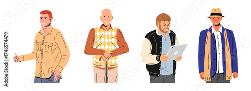 Group of adult man character of different style and age. Flat style vector collection illustration on white. Human diversity in modern society concept.