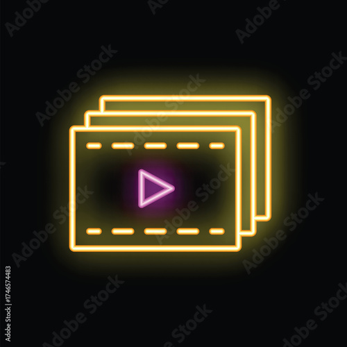 Glowing neon icon of three video players showing play button is isolated on black background