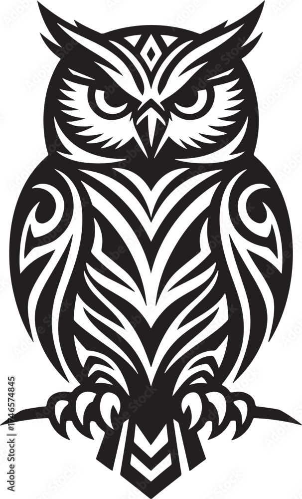 Fototapeta premium a bold, black and white vector illustration of an owl in flight with its wings spread wide, stylized with sharp, tribal-like geometric patterns.