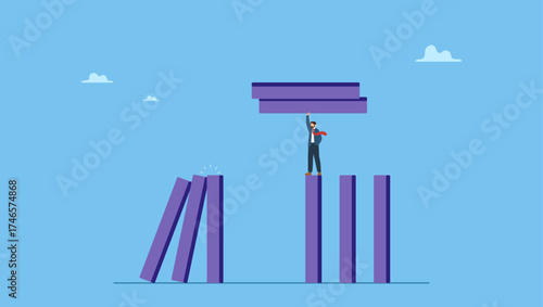 Smart businessman company leader remove domino to stop domino effect collapse. Risk management, protect business from disaster or crisis, leadership to avoid losing money, problem and failure.