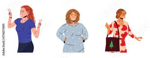 Three diverse women in flat vector style poses showcasing different expressions and fashion for social media, advertising design.