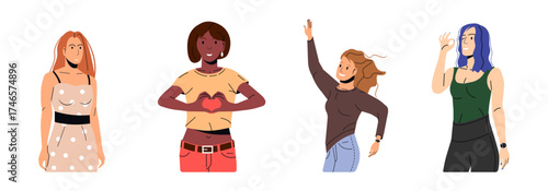 Diverse group of women with various gestures on a white background. Female empowerment and celebration illustration for International Womens Day.