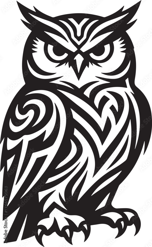 Obraz premium a bold, black and white vector illustration of an owl in flight with its wings spread wide, stylized with sharp, tribal-like geometric patterns.