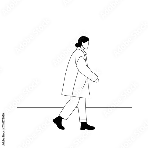 Young woman walking in minimalist style with black and white colors  