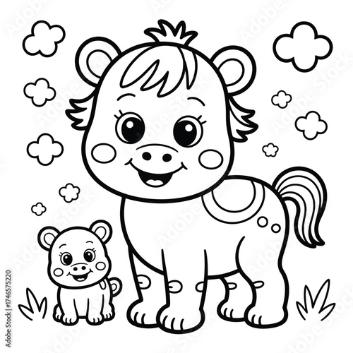 Adorable cute baby horse and foal coloring page vector illustration for children fun activities eps silhouette vector illustration white background