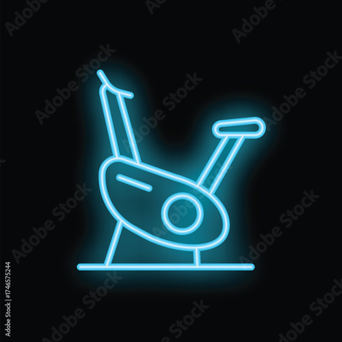 Blue neon sign of a stationary bicycle glowing on black background