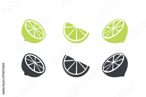 Fresh lime slices in green and black, and white