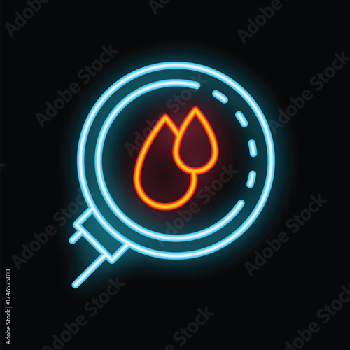 Neon medical icon representing a magnifying glass focusing on two blood drops, symbolizing blood test and analysis