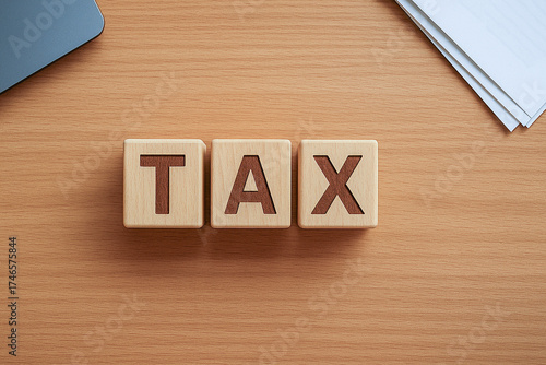 Top-down view of wooden blocks spelling TAX on a wooden office desk with documents and laptop