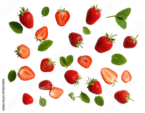 Vibrant strawberries scattered on a transparent background food illustration