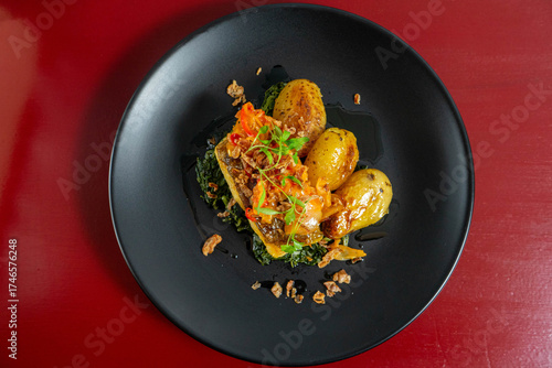 Grilled cod 'à lagareiro' on a bed of Portuguese spinach puree, crafted by a top chef, showcasing traditional flavors and gourmet presentation.