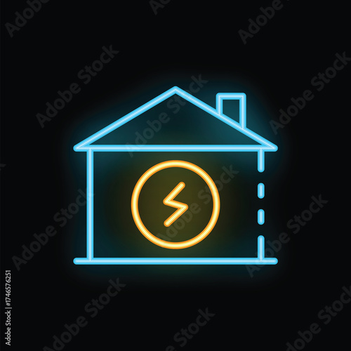 Neon sign showing a house with a lightning bolt, indicating a power outage