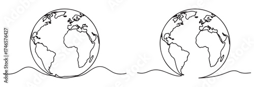 Two line drawings of the Earth, one with a crack at the bottom, symbolizing environmental issues.
