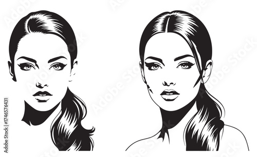 Two elegant black and white illustrations of women's faces with detailed features and hairstyles.