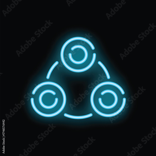 Neon blue icon on a black background representing teamwork, collaboration, and synergy with three circles interlinked