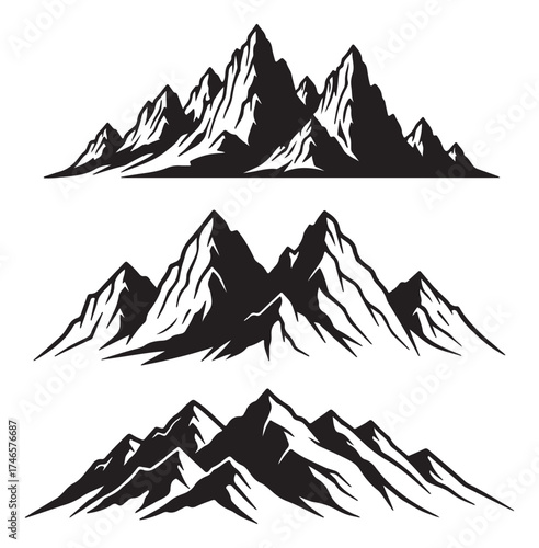 A set of three distinct mountain range silhouettes, rendered in a bold black and white graphic style on a white background.