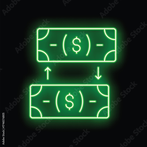 Green neon sign representing a money transfer with two dollar bills and up and down arrows