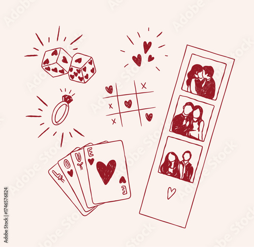 Romantic love elements dice, heart shapes, ring, cards, photo drawing in cute vintage style with red on beige background