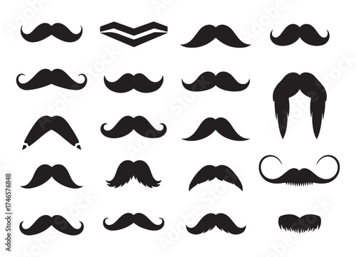 Collection of various mustache styles, showcasing different shapes and designs for facial hair.