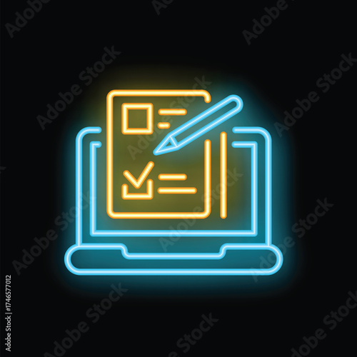 Glowing neon icon of an online survey being filled out on a laptop computer