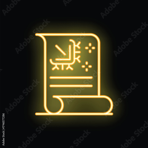 Bright yellow neon icon of a christmas wish list with a drawing of a sleigh on a black background