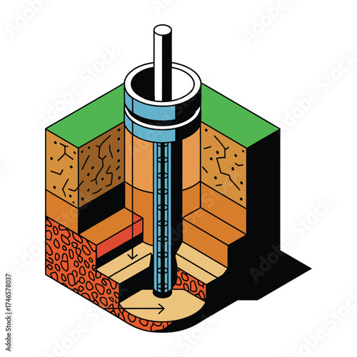 Isometric Geothermal Energy Well Diagram – Renewable Underground Heat System Illustration
