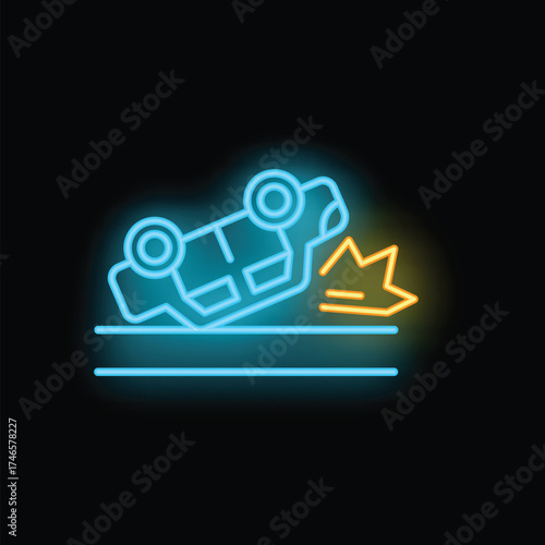 Blue neon icon of a car flipping over on a road, with a yellow explosion behind it