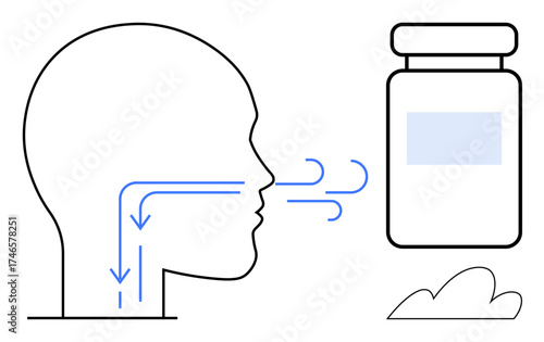 Profile of human head showing airflow through respiratory system, breathing lines, medicine bottle, and abstract cloud. Ideal for healthcare, medication, respiratory care, wellness, anatomy