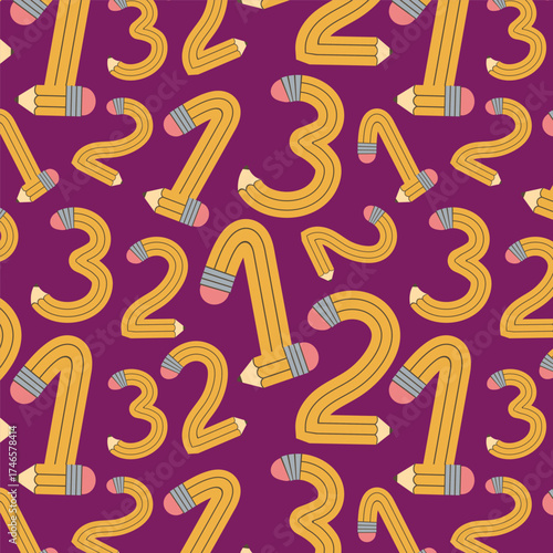 Seamless pattern ute funky twisted flexible pencils bent into in numbers from 1 to 3. Funky flexible school supplies. Vector illustration