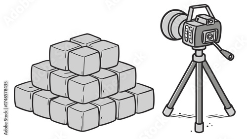 Camera on tripod with stacked cubes illustration photography equipment graphic design element.