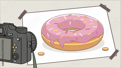 Camera Photographing a Glazed Donut with Sprinkles Food Photography Concept Illustration.