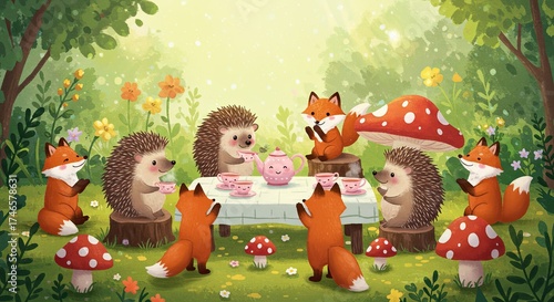 Fototapeta Naklejka Na Ścianę i Meble -  Enchanting Woodland Tea Party Scene Featuring Adorable Hedgehogs and Playful Foxes Gathered Around a Table Laden with Teacups and a Pink Teapot
