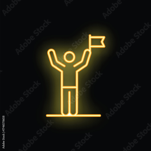 Neon glowing icon of a businessman holding a flag celebrating success
