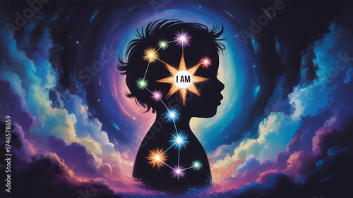 Celestial Child Silhouette: An ethereal illustration, a child's silhouette becomes a canvas of cosmic wonders, depicting a galaxy of stars, constellations, and a guiding center of self-awareness. 