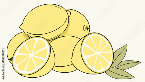 Citrus fruits lemons slices whole leaves yellow illustration drawing graphic design element food healthy vitamin c summer refreshment recipe cooking baking drink lemonade juic.
