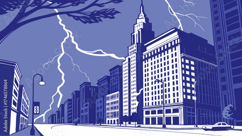 Cityscape Illustration Stormy Night with Lightning Strikes Over City Street and Buildings.