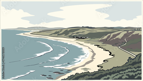 Coastal landscape illustration scenic beach view ocean waves hillside stylized art travel poster design nature background tranquil scene serene coastal view seaside illustration summer.