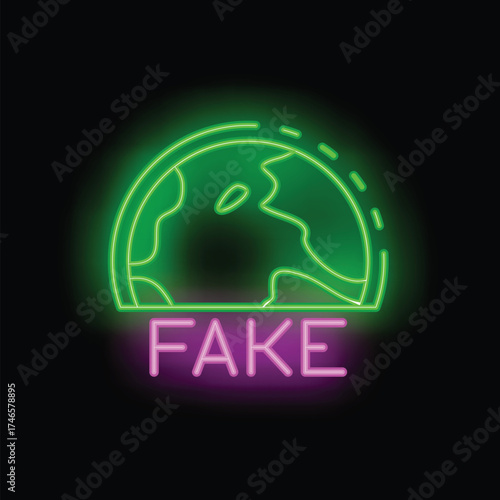 Neon sign depicting planet earth with the text fake underneath, concept of fake news
