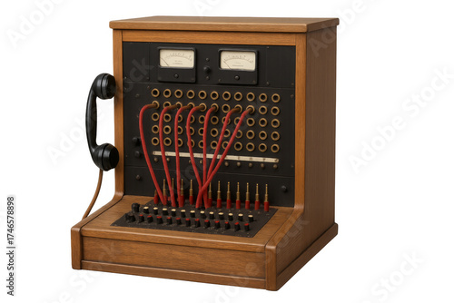 Vintage telephone switchboard connecting communication cables transparent background