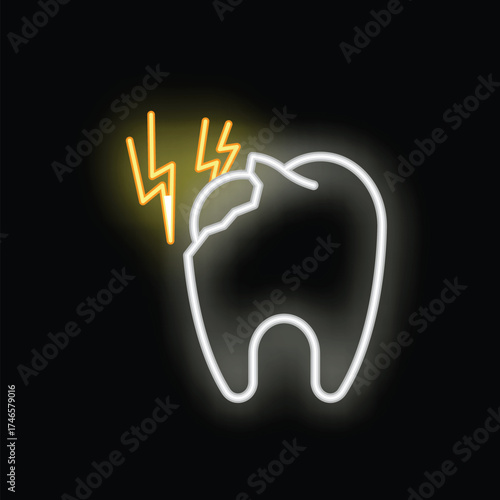 White neon icon of a tooth with a missing piece and yellow lightning bolts, symbolizing toothache