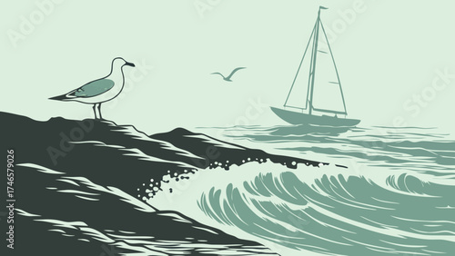 Coastal Scene with Seagull and Sailboat Ocean Wave Art Illustration.