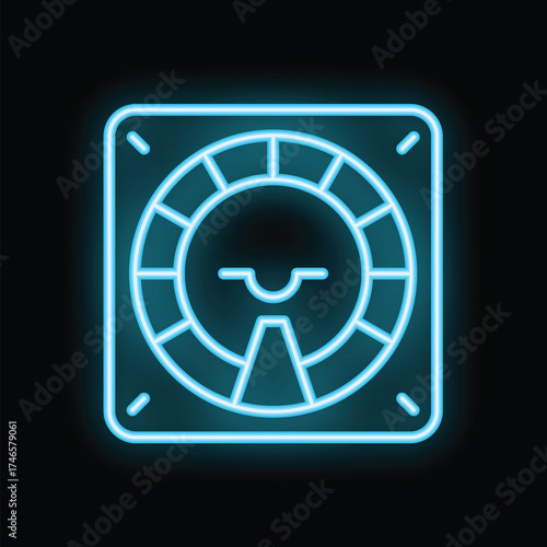 Neon blue icon of a ventilation fan smiling, on a black background