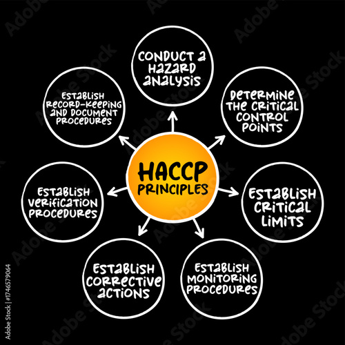 HACCP PRINCIPLES, identification, evaluation, and control of food safety hazards based on the following seven principles, mind map concept for presentations and reports
