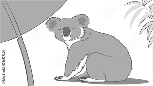 Cute Koala Bear Illustration Monochrome Animal Drawing Grey Scale Wildlife Art Childrens Book Cartoon Animal Baby Koala Adorable Wildlife Simple Design Vector Illustration Nature Illustr.